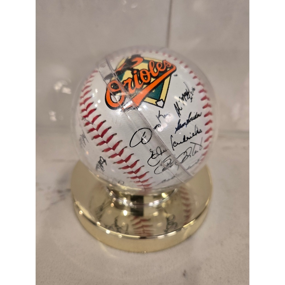 Baltimore Orioles Team Stamped Baseball Facsimile Autograph Display Globe Base